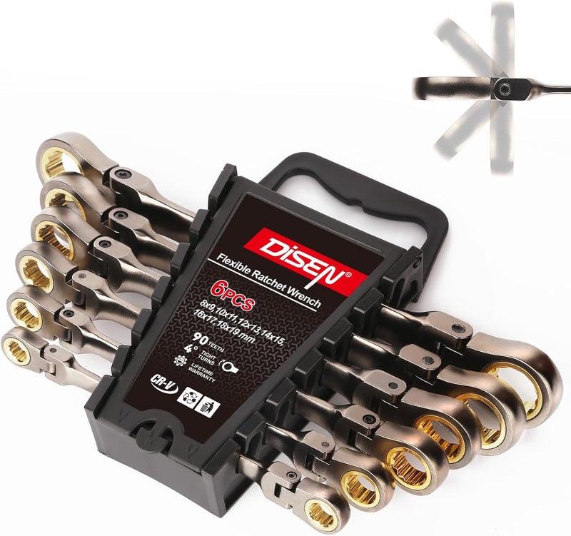 DISEN 6PCS 90 Teeth Ratcheting Wrench Set Double Box End Flex Head with Gray Nickel Coated Ratchet Wrench Set with Organizer, 12 Point 4° Swing Arc, CR-V Steel, for Home Daily Use, Gift for Man - Image 1